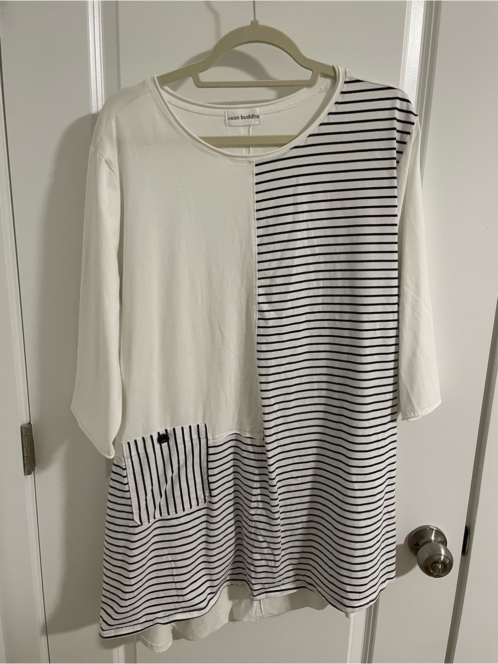 neon buddha White and Black Striped Split-Panel Tunic Top